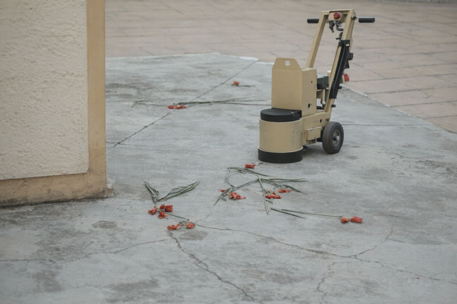 En professionell betongslip på ett grått betonggolv med utspridda blommor.